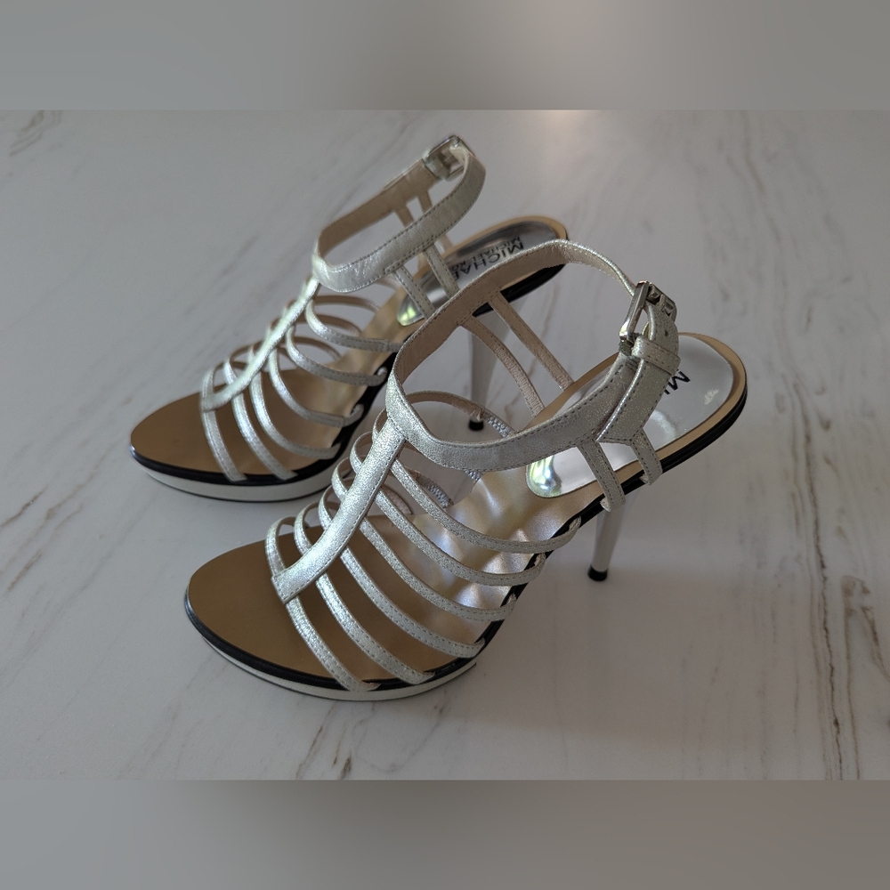 MICHAEL Michael Kors Silver Metallic Strappy Stiletto Sandals